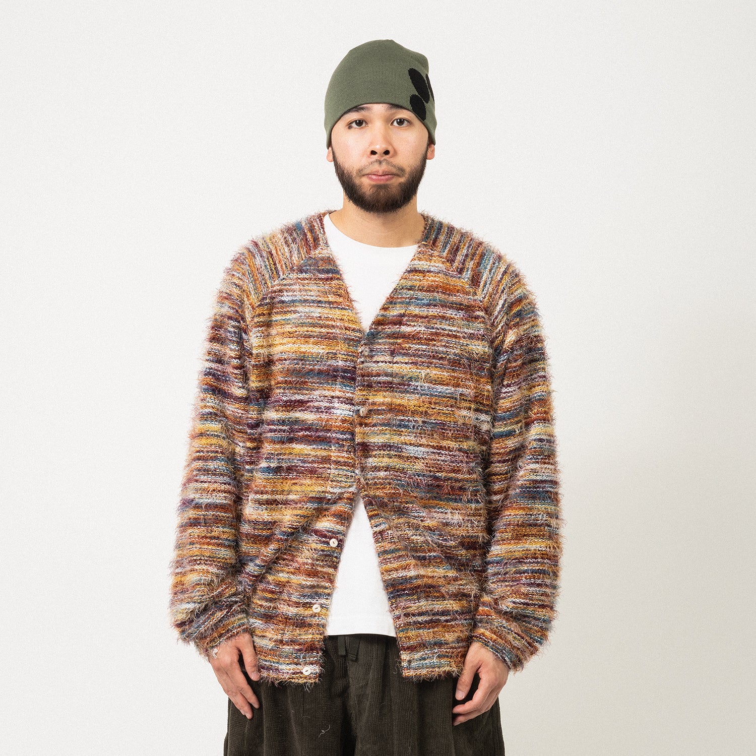 [MERELY MADE] MULTI STRIPE RAINBOW MOHIRE CARDIGAN _ RAINBOW BURGUNDY