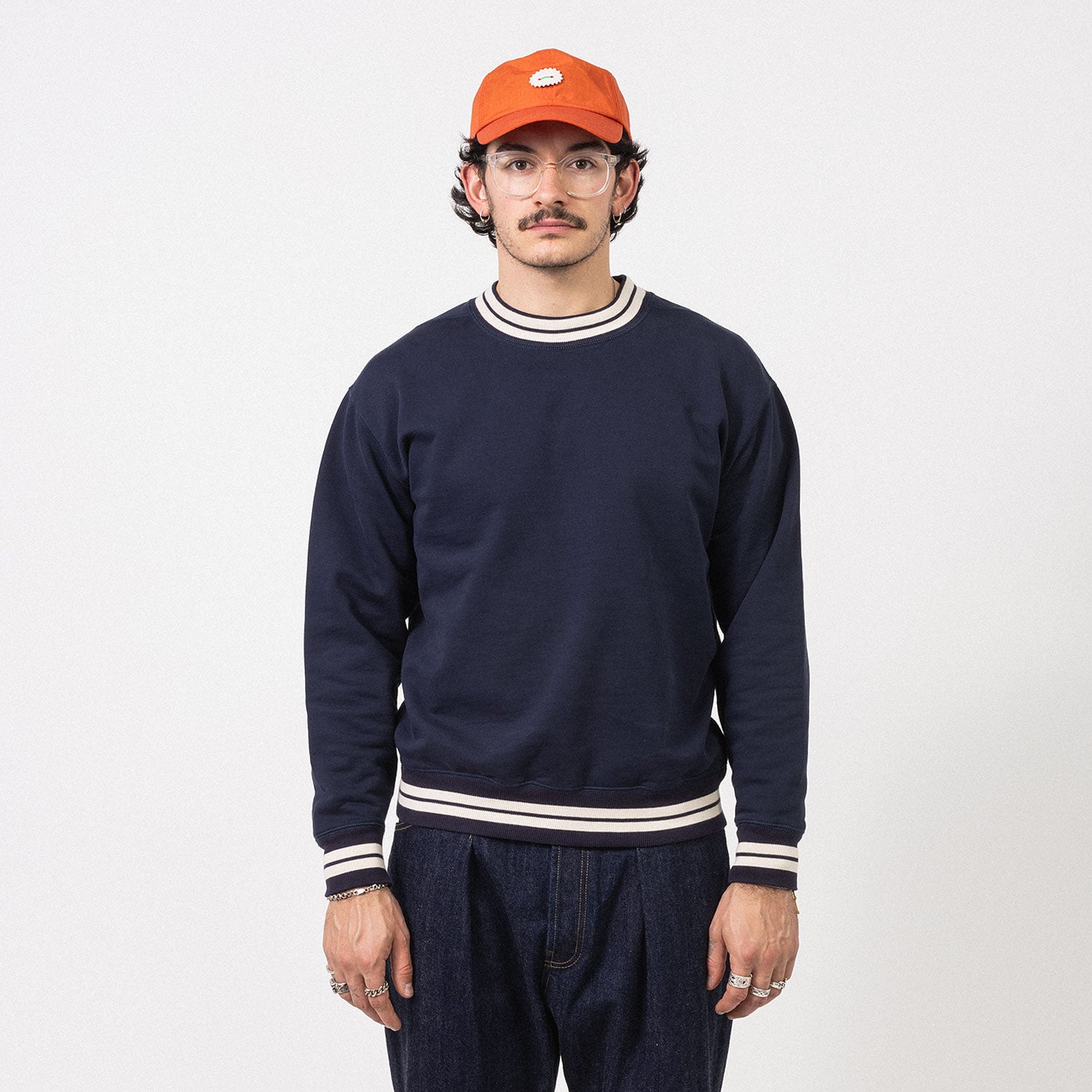 [DRAKE'S] STRIPED RIB LS SWEATSHIRT _ NAVY & ECRU