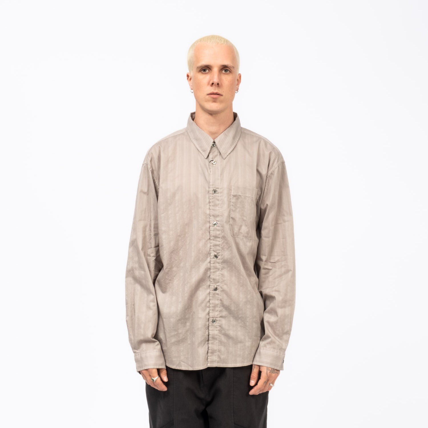 [HATCHINGROOM] MUSEUM SHIRT PAJAMA STRIPE _ GREY BEIGE