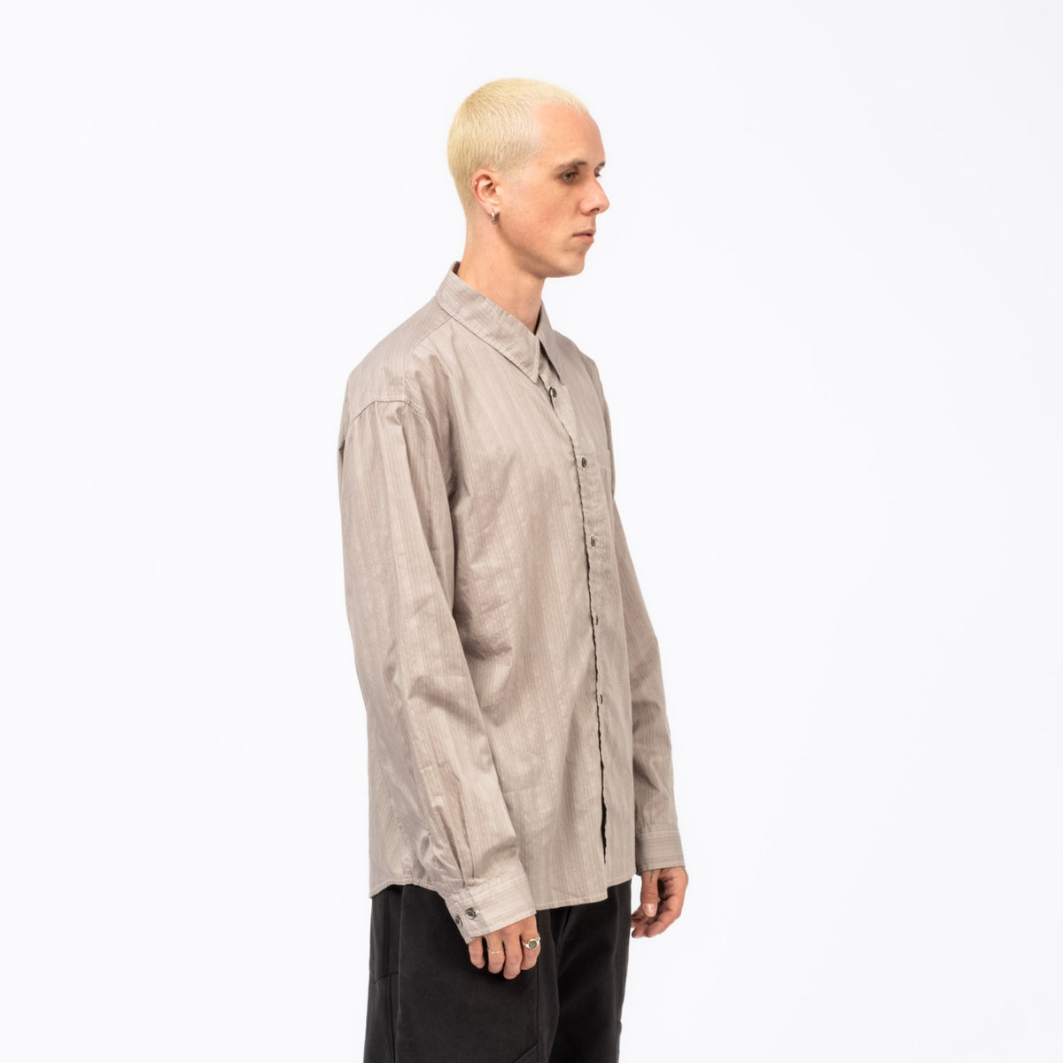 [HATCHINGROOM] MUSEUM SHIRT PAJAMA STRIPE _ GREY BEIGE