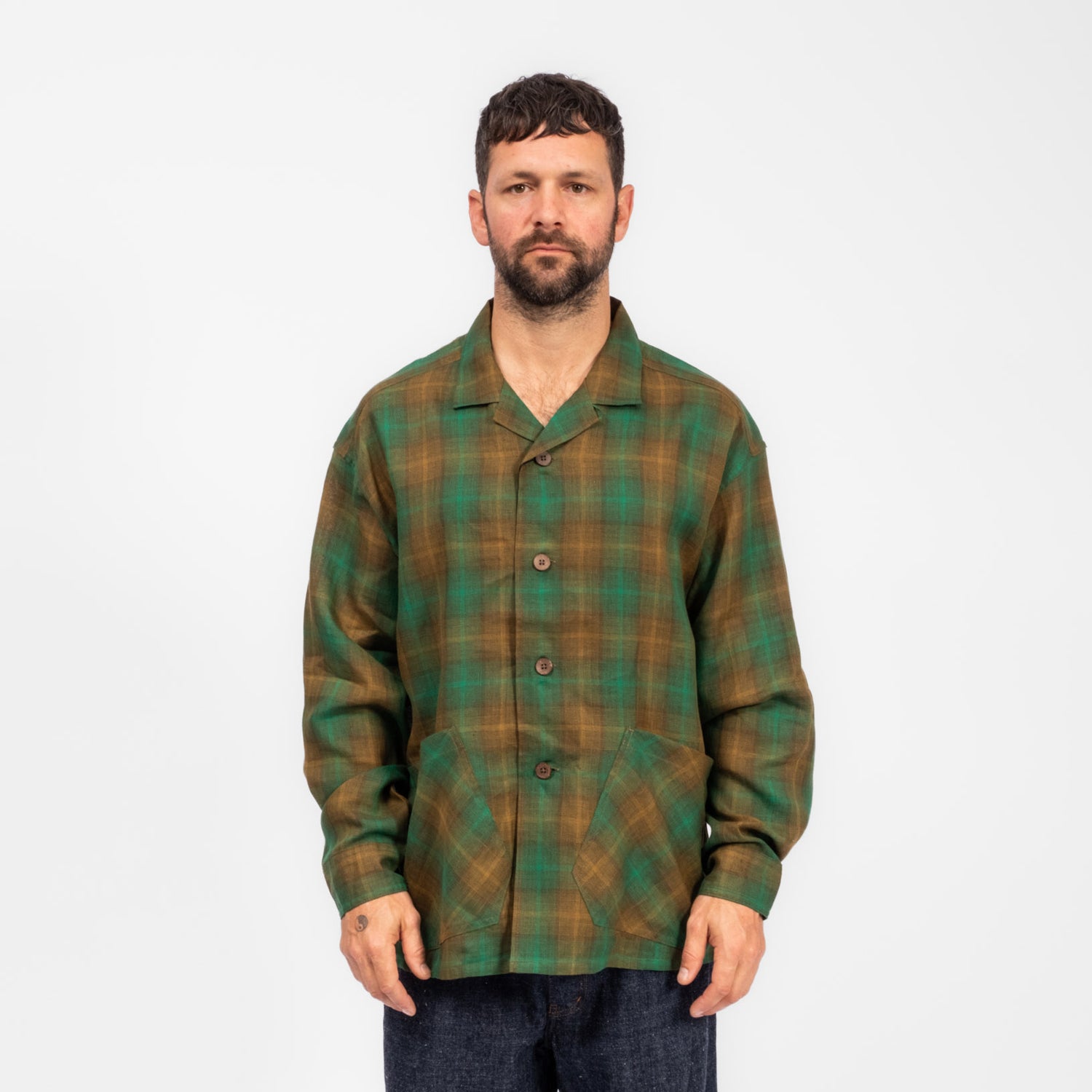 [NIGEL CABOURN] FRENCH CHORE JACKET HEMP CHECK _ GREEN