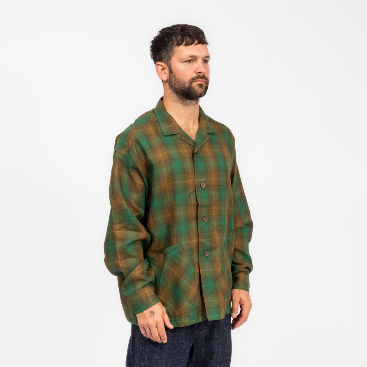 [NIGEL CABOURN] FRENCH CHORE JACKET HEMP CHECK _ GREEN