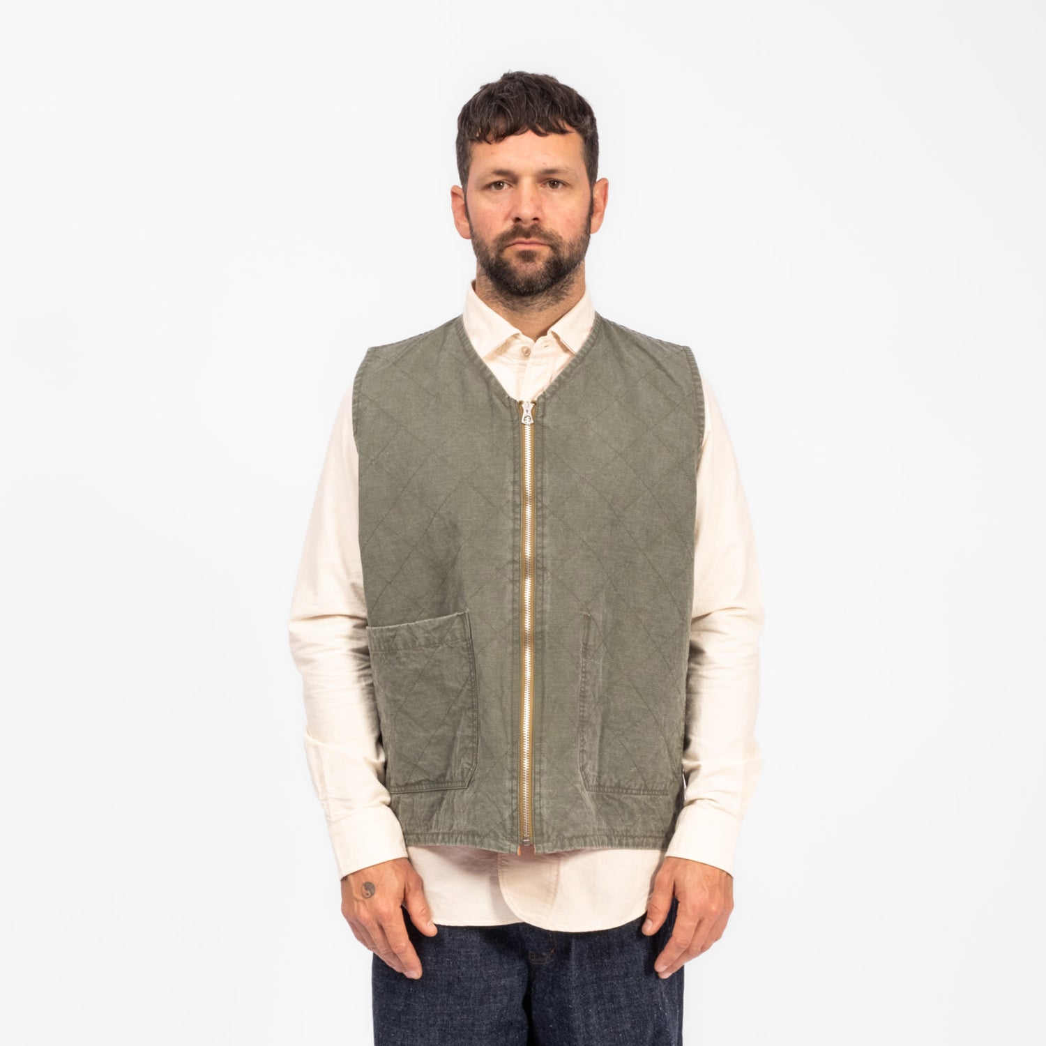 [NIGEL CABOURN] QUILTING DECK VEST RIPSTOP REVERSIBLE _ GREEN