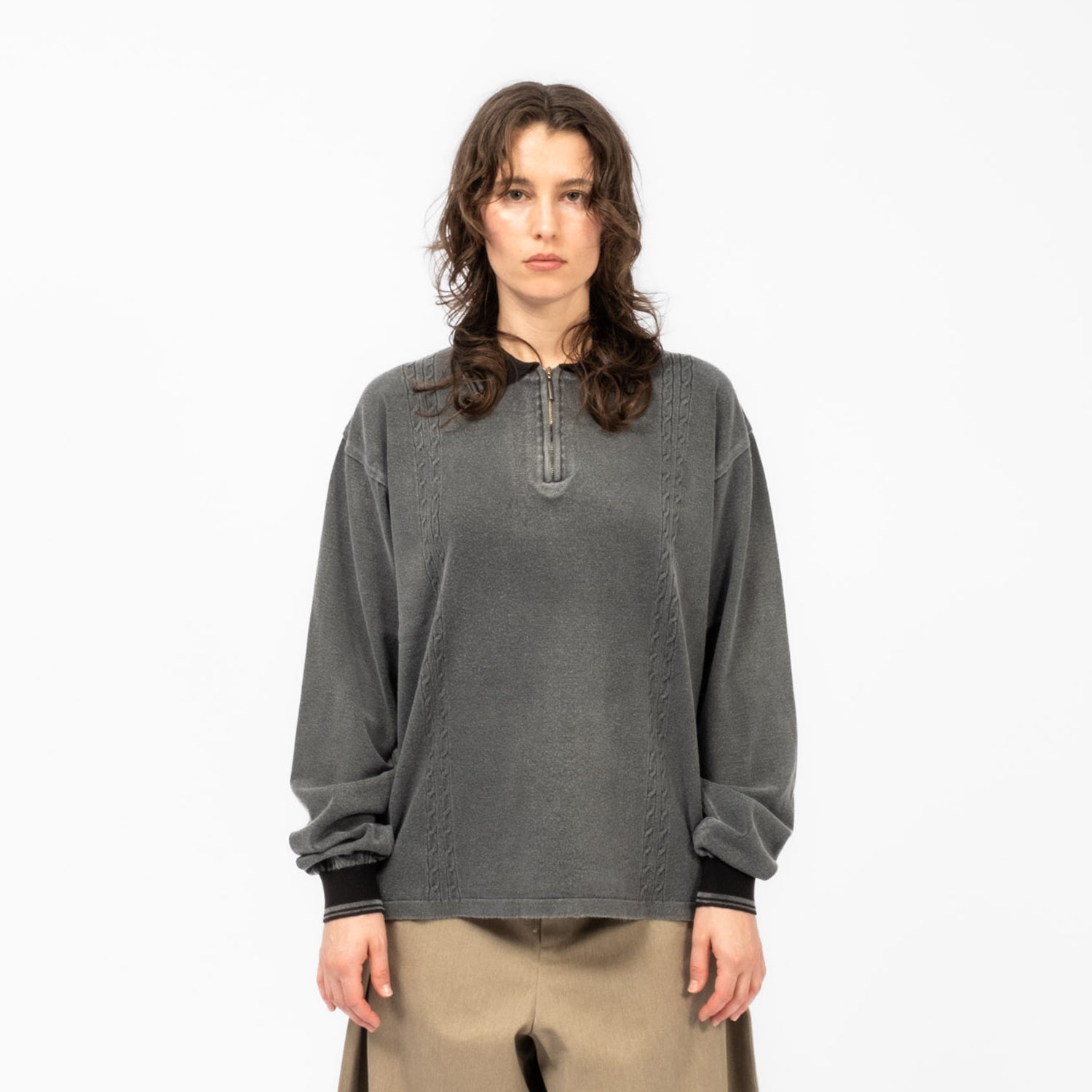 [AJOBYAJO] WASHED CABLE STITCH COLLAR ZIP UP _ CHARCOAL