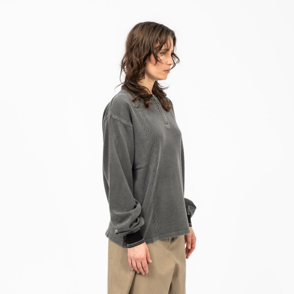 [AJOBYAJO] WASHED CABLE STITCH COLLAR ZIP UP _ CHARCOAL