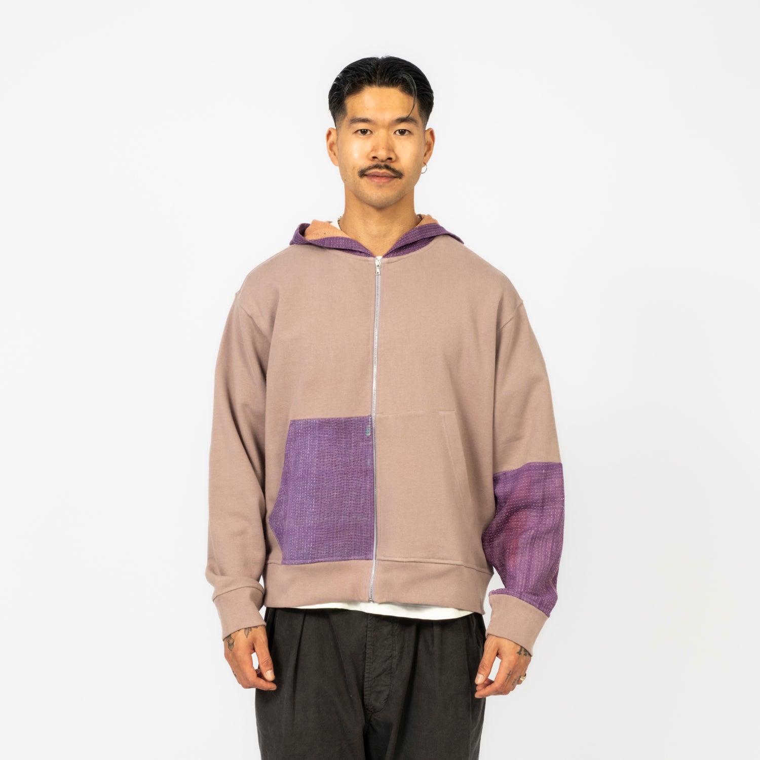 [KARTIK RESEARCH] SS26-46 KANTHA CONTRAST HOODIE _ PURPLE/ONE OFF