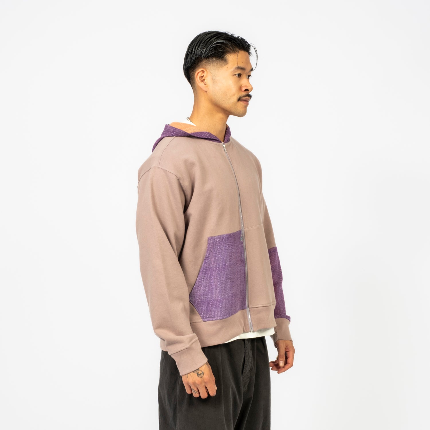 [KARTIK RESEARCH] SS26-46 KANTHA CONTRAST HOODIE _ PURPLE/ONE OFF