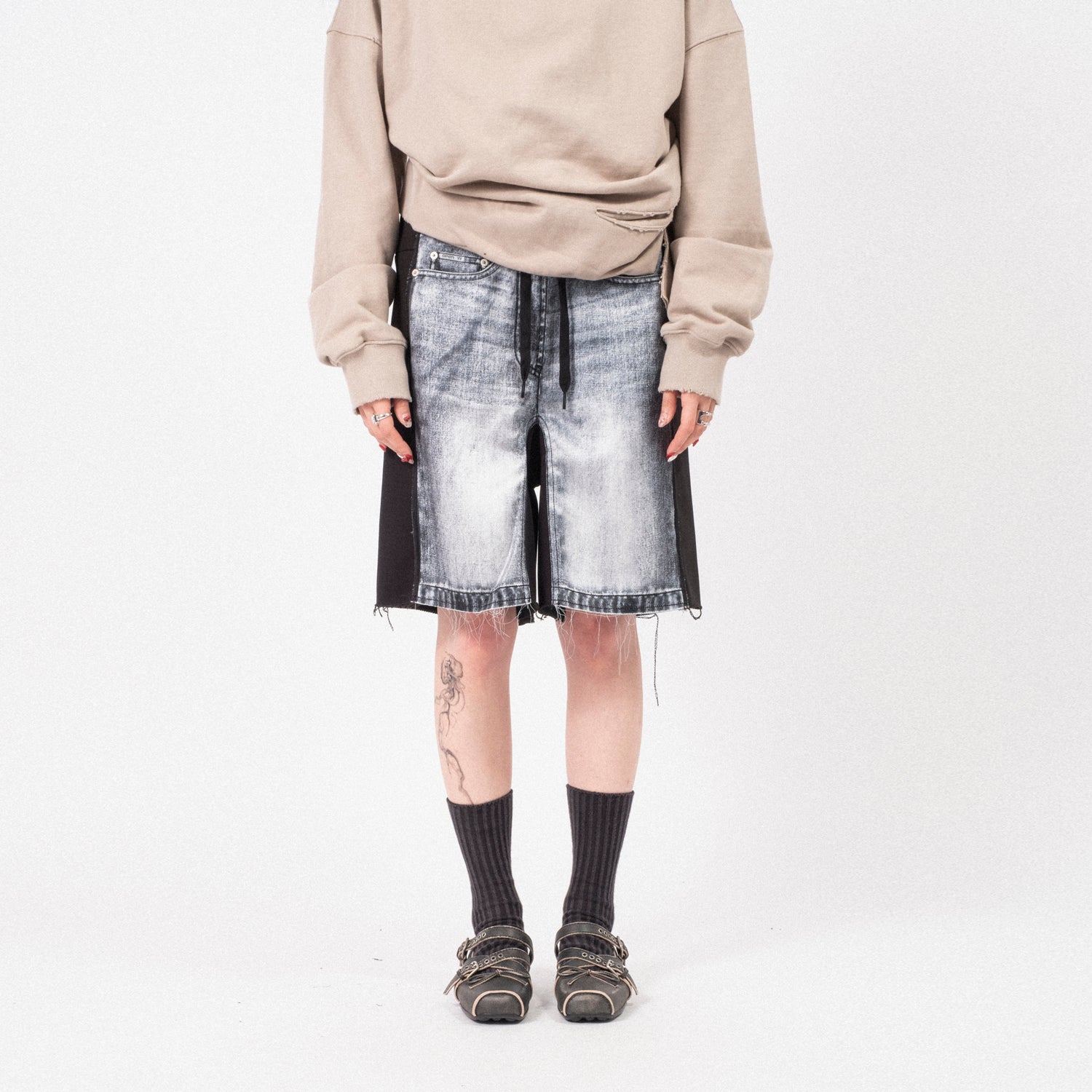 [OPEN YY] JEAN EFFECT JERSEY SHORTS _ BLACK