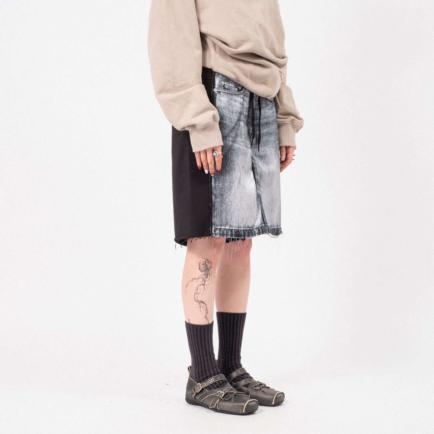 [OPEN YY] JEAN EFFECT JERSEY SHORTS _ BLACK