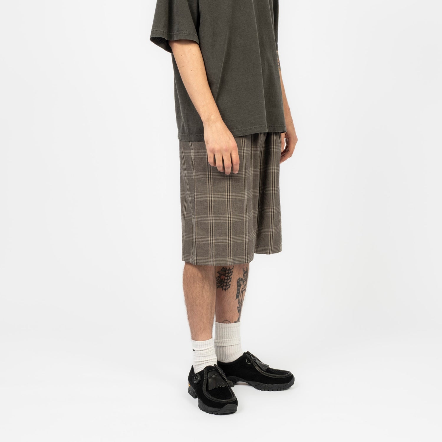 [SEDAN ALL-PURPOSE] COTTON LINEN PLAID SHORT _ OLIVE HOUNDTOOTH