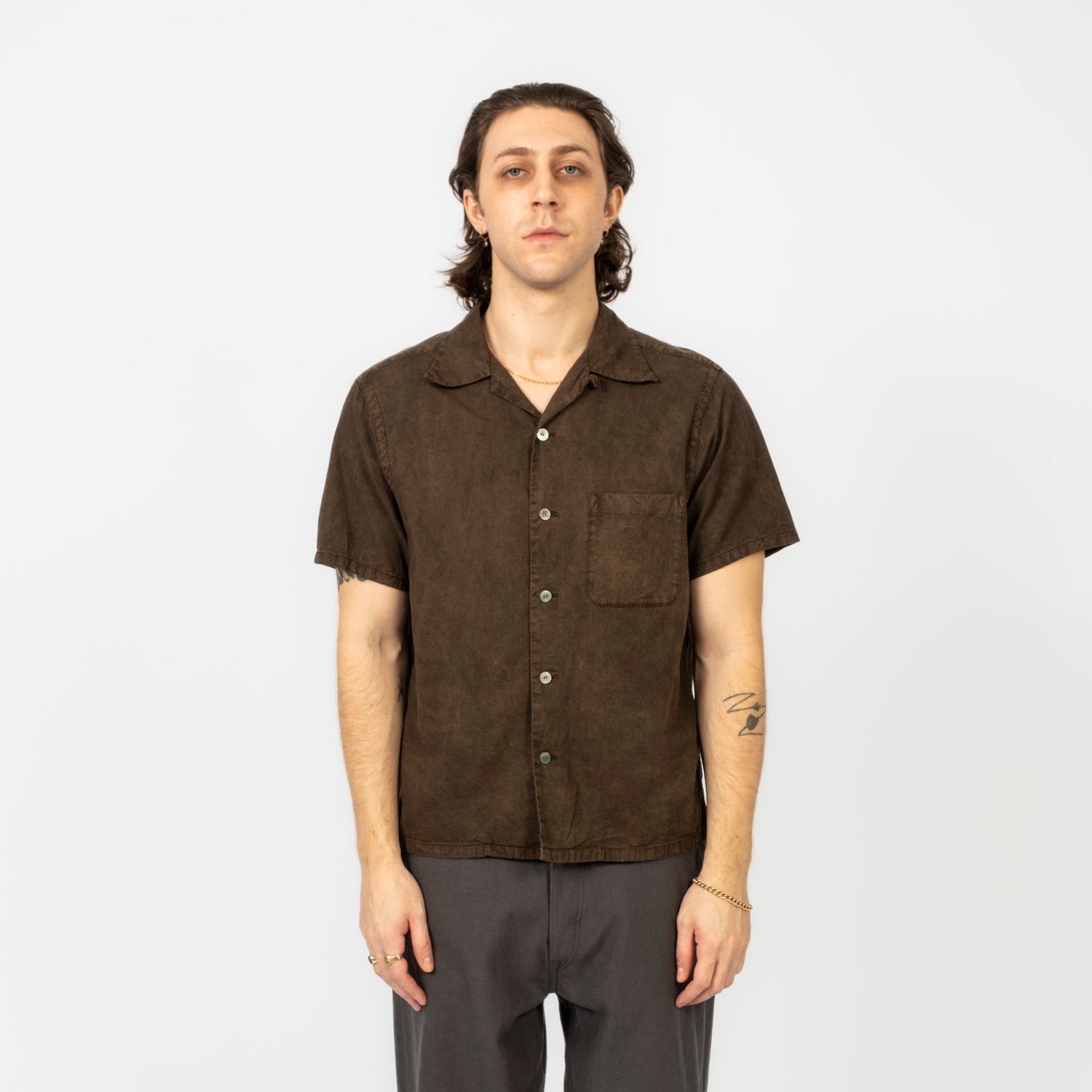 [T.T] LOT.113 OPEN COLLAR SHIRT _ MUD DYED BROWN