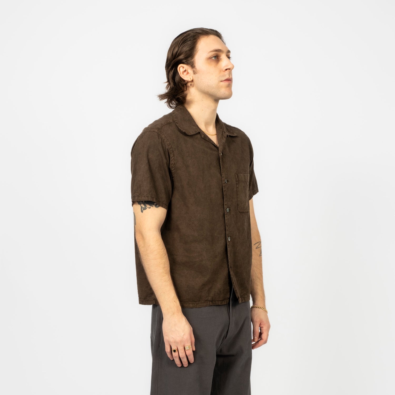 [T.T] LOT.113 OPEN COLLAR SHIRT _ MUD DYED BROWN