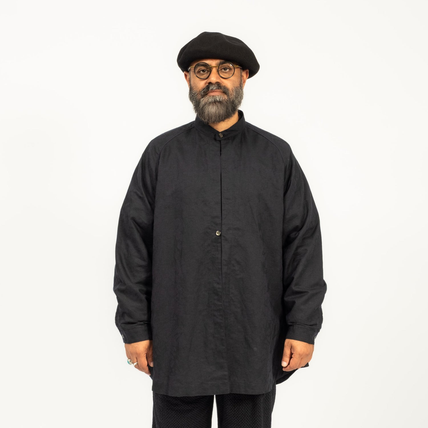 [BLUE BLUE JAPAN] J7243 MENS WOVEN LINEN MIXEDGLASS PATTERN OVERSIZED SHIRT _ DARK NAVY