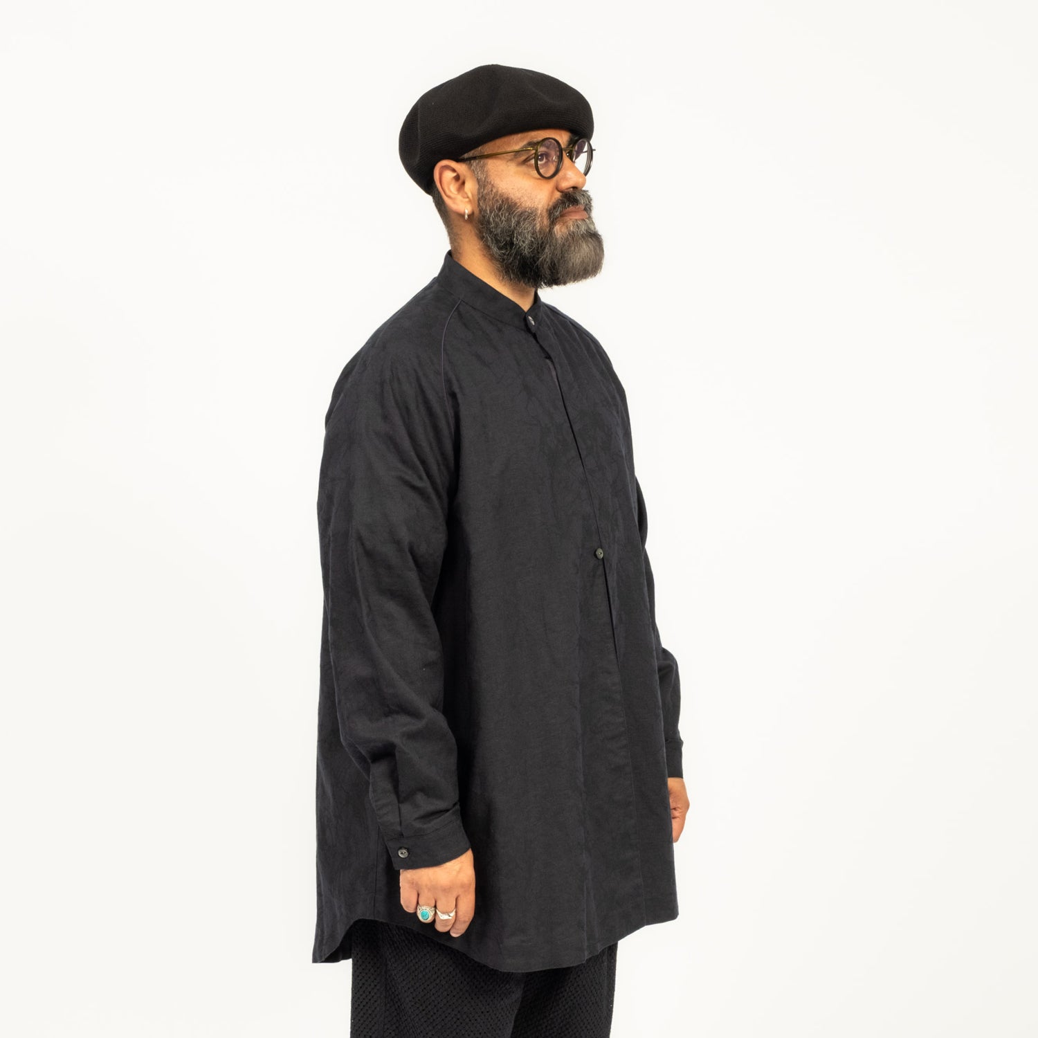 [BLUE BLUE JAPAN] J7243 MENS WOVEN LINEN MIXEDGLASS PATTERN OVERSIZED SHIRT _ DARK NAVY