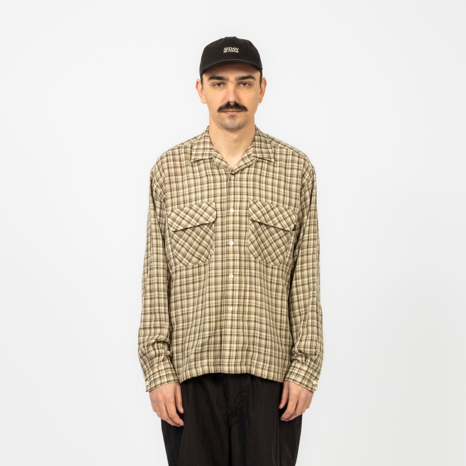 [SEDAN ALL-PURPOSE] DOUBLE GAUZE PLAID OPEN COLLAR SHIRT _ KHAKI OLIVE