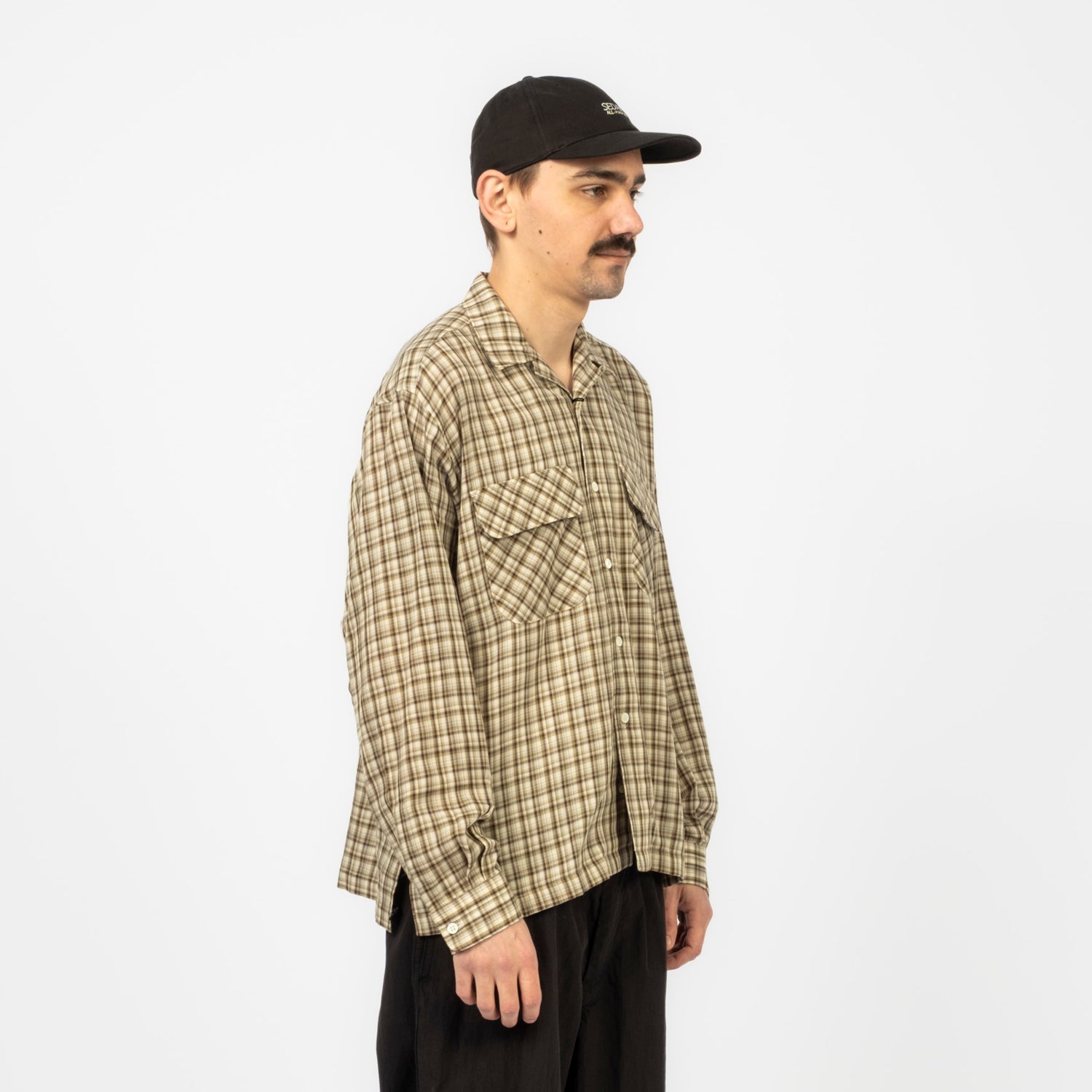 [SEDAN ALL-PURPOSE] DOUBLE GAUZE PLAID OPEN COLLAR SHIRT _ KHAKI OLIVE