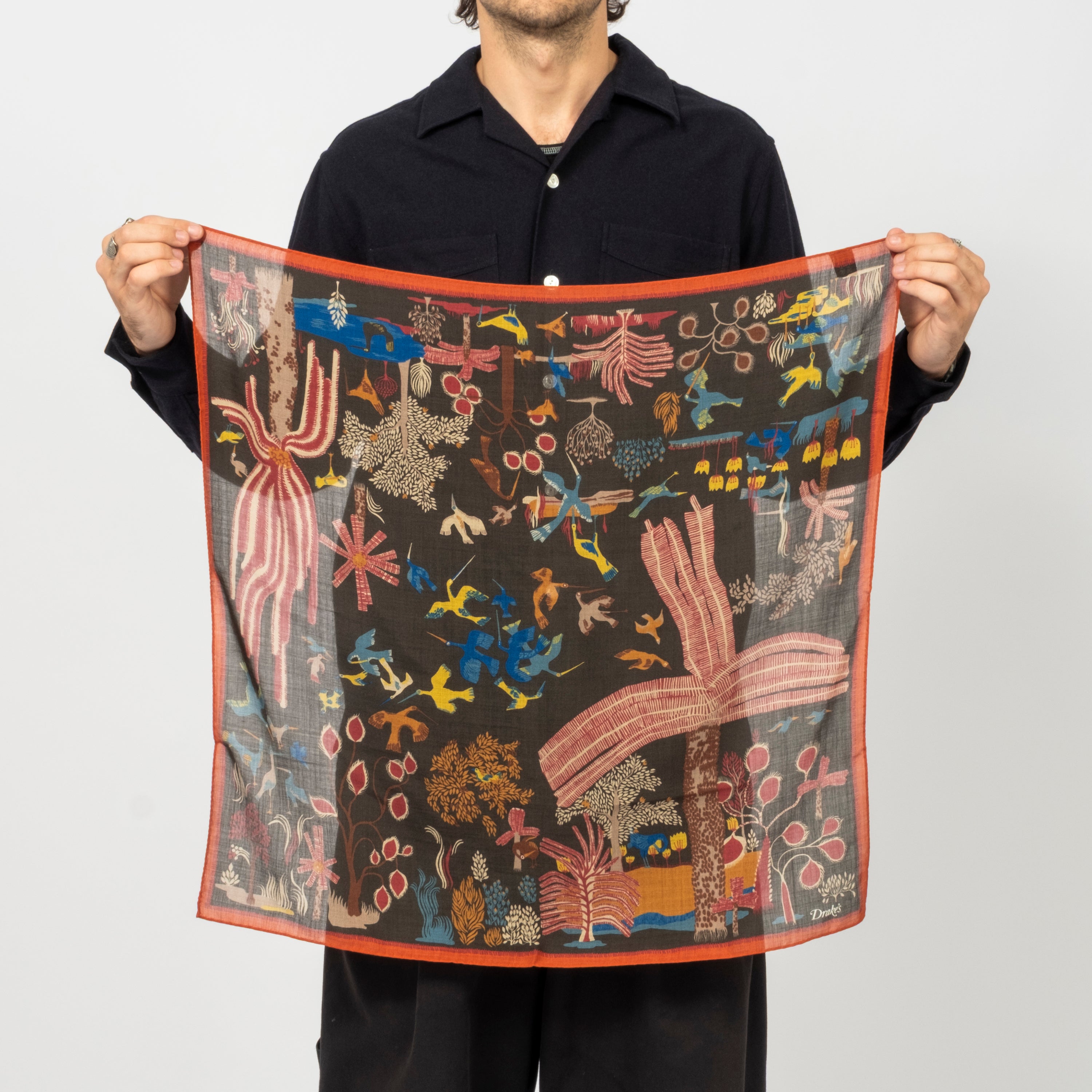 [DRAKE'S] GREEN PALM PRINT WOOL-SILK BANDANA