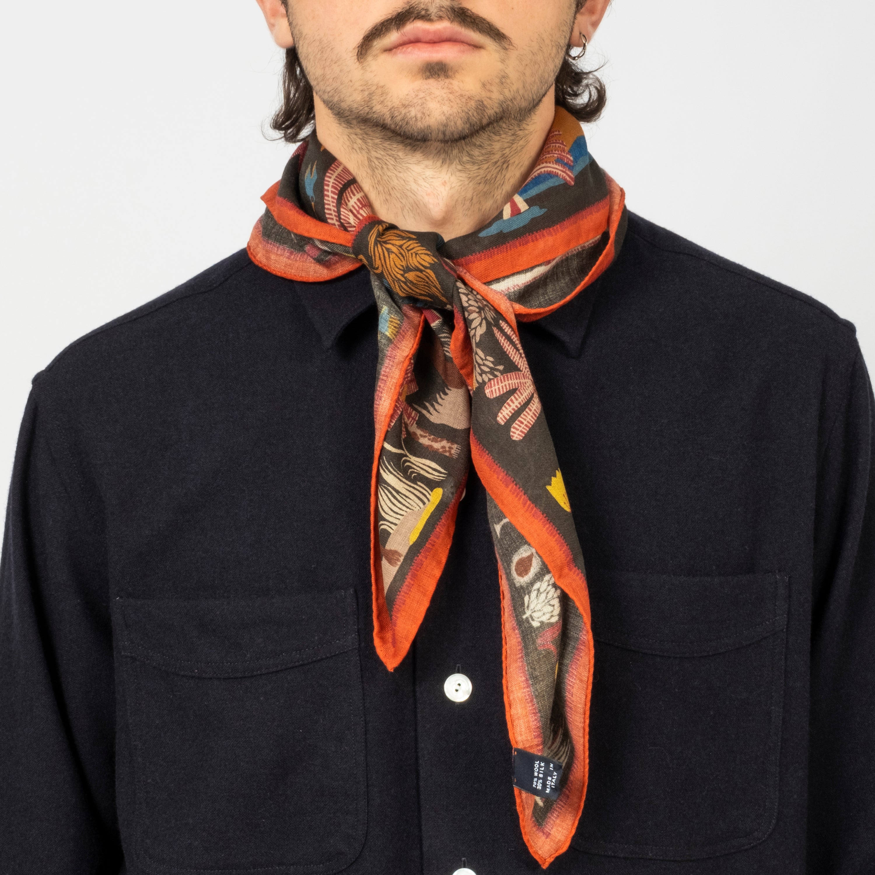 [DRAKE'S] GREEN PALM PRINT WOOL-SILK BANDANA