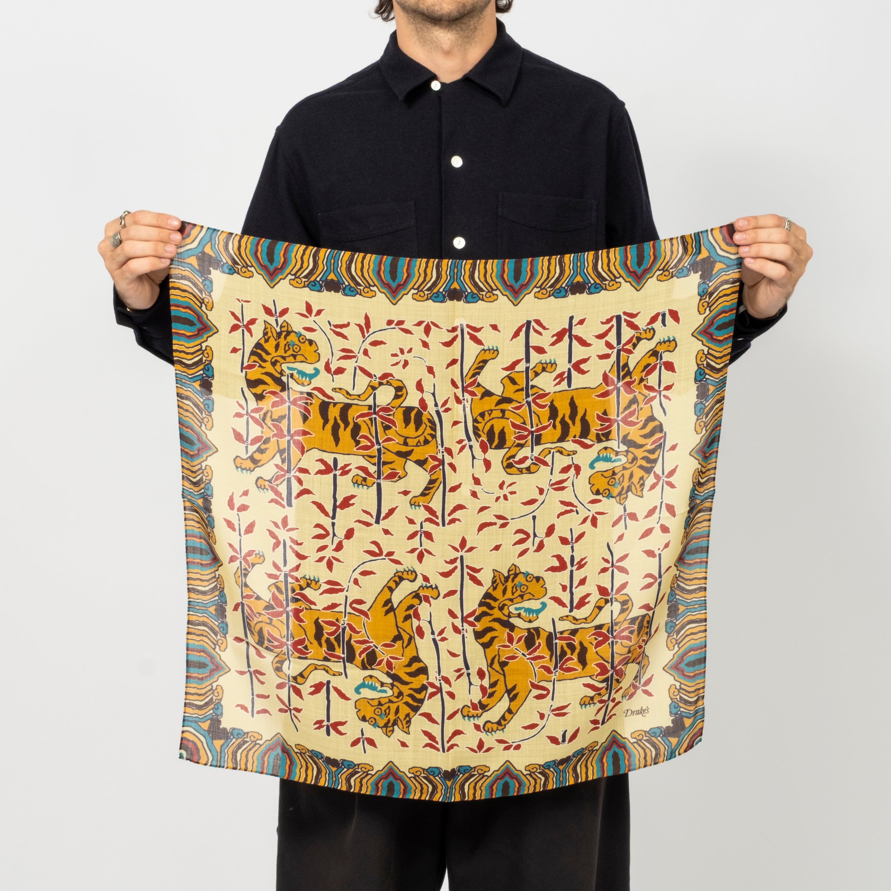 [DRAKE'S] ECRU TIGERS PRINT WOOL-SILK BANDANA