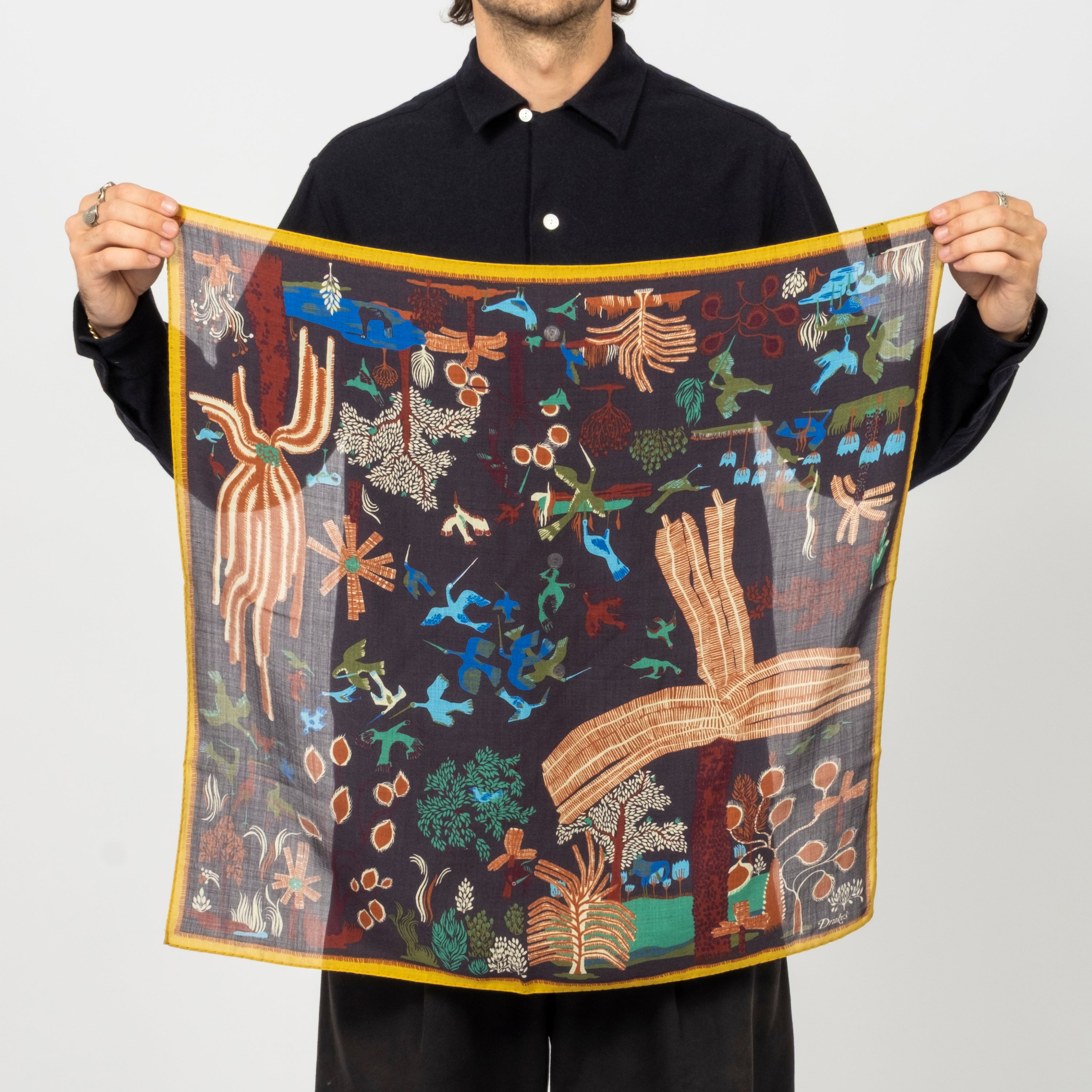 [DRAKE'S] NAVY PALM PRINT WOOL-SILK BANDANA