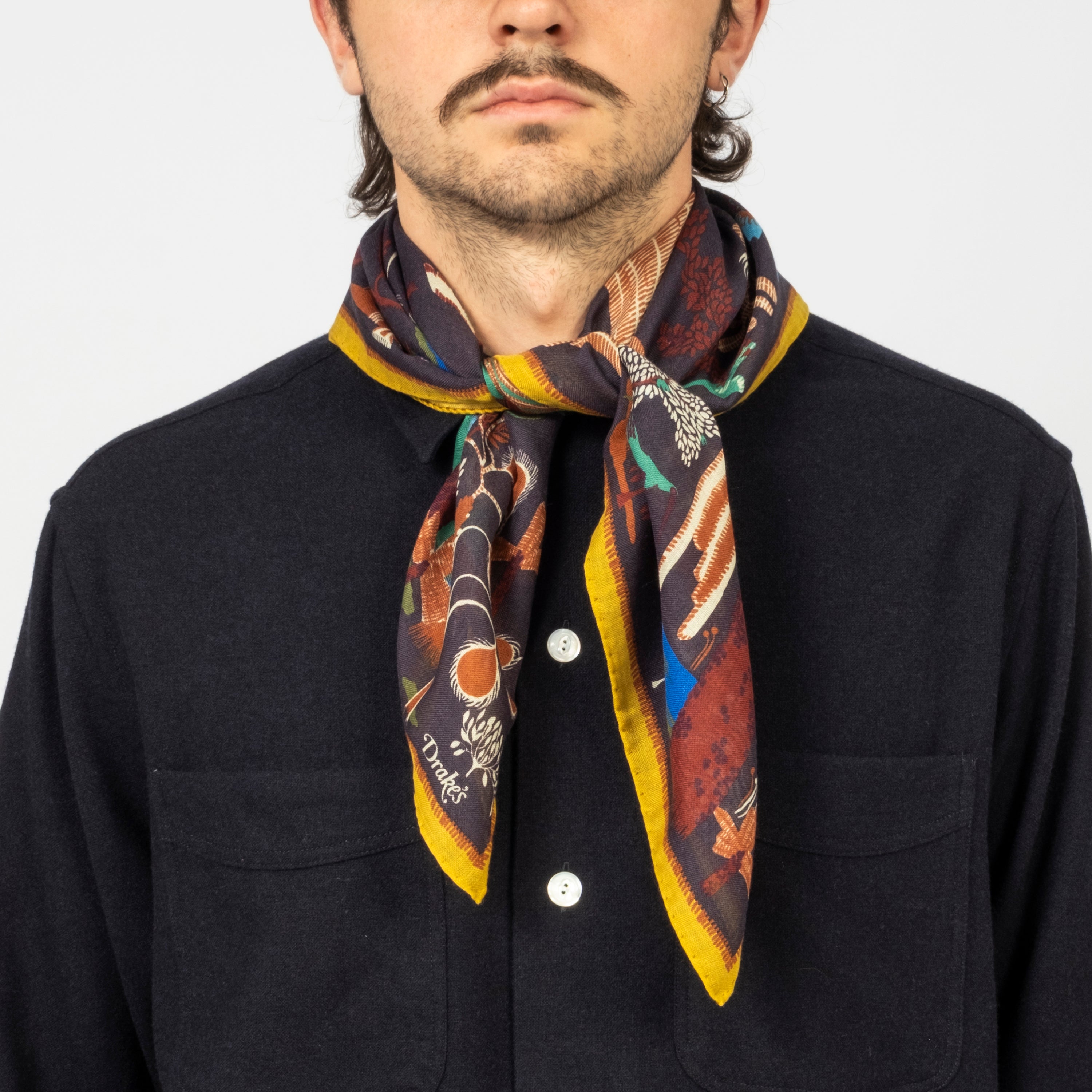 [DRAKE'S] NAVY PALM PRINT WOOL-SILK BANDANA
