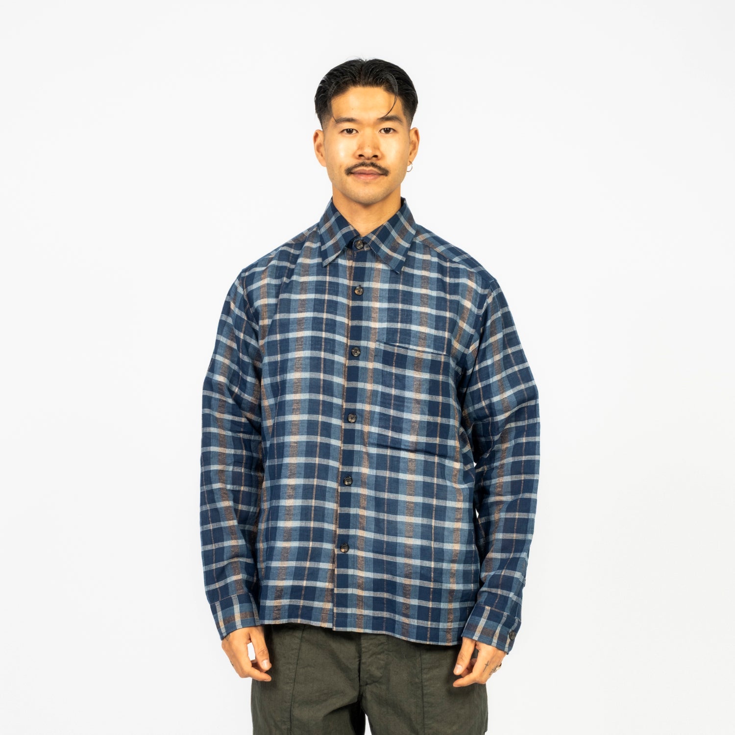 [KARTIK RESEARCH] SS26-79 PATAUDI SHIRT _ INDIGO/ECRU/GOLD