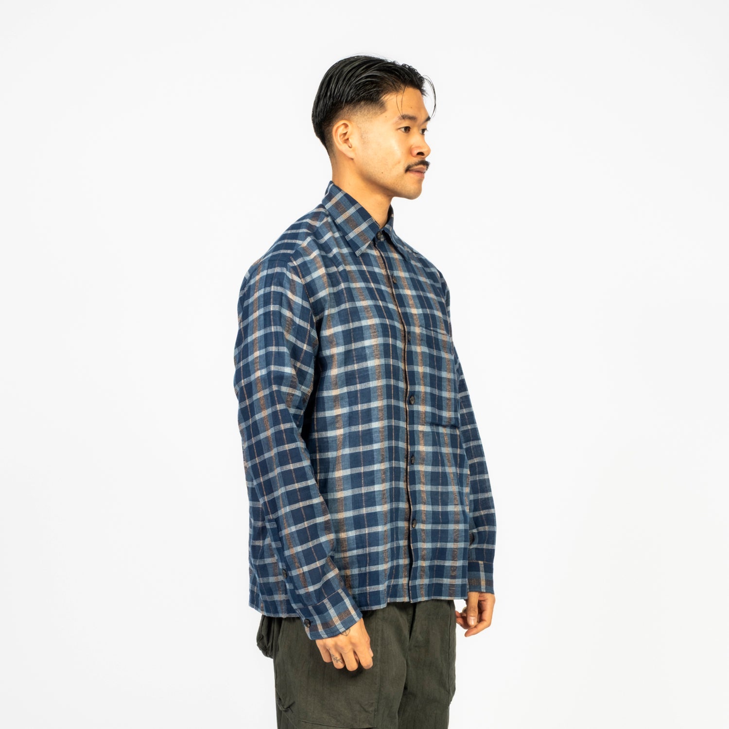[KARTIK RESEARCH] SS26-79 PATAUDI SHIRT _ INDIGO/ECRU/GOLD