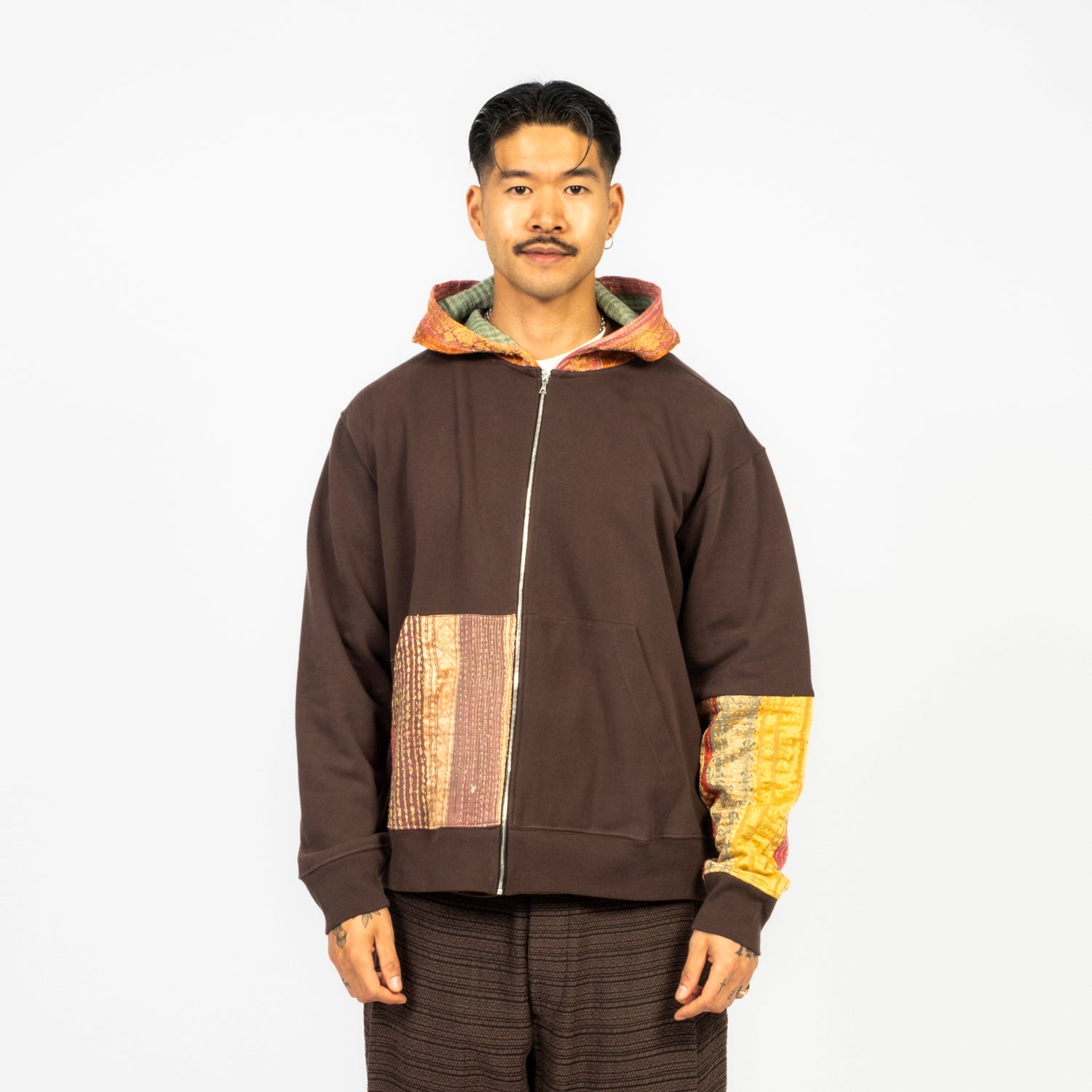 [KARTIK RESEARCH] SS26-45 KANTHA CONTRAST HOODIE _ BLACK/ONE OFF
