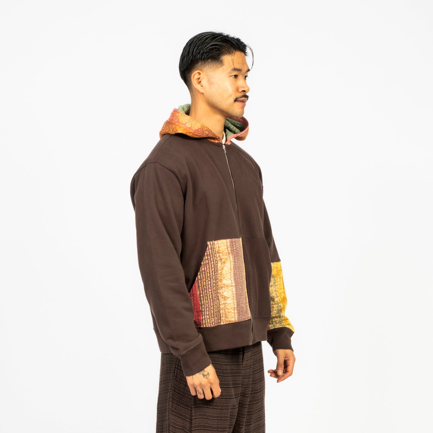 [KARTIK RESEARCH] SS26-45 KANTHA CONTRAST HOODIE _ BLACK/ONE OFF