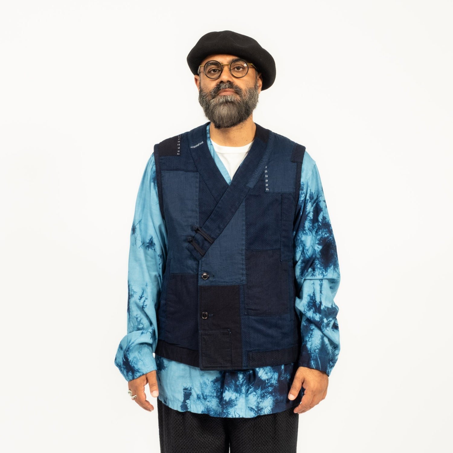 [BLUE BLUE JAPAN] J7211 UNISEX WOVEN KASEZOME SASHIKO NENRIN VEST _ INDIGO