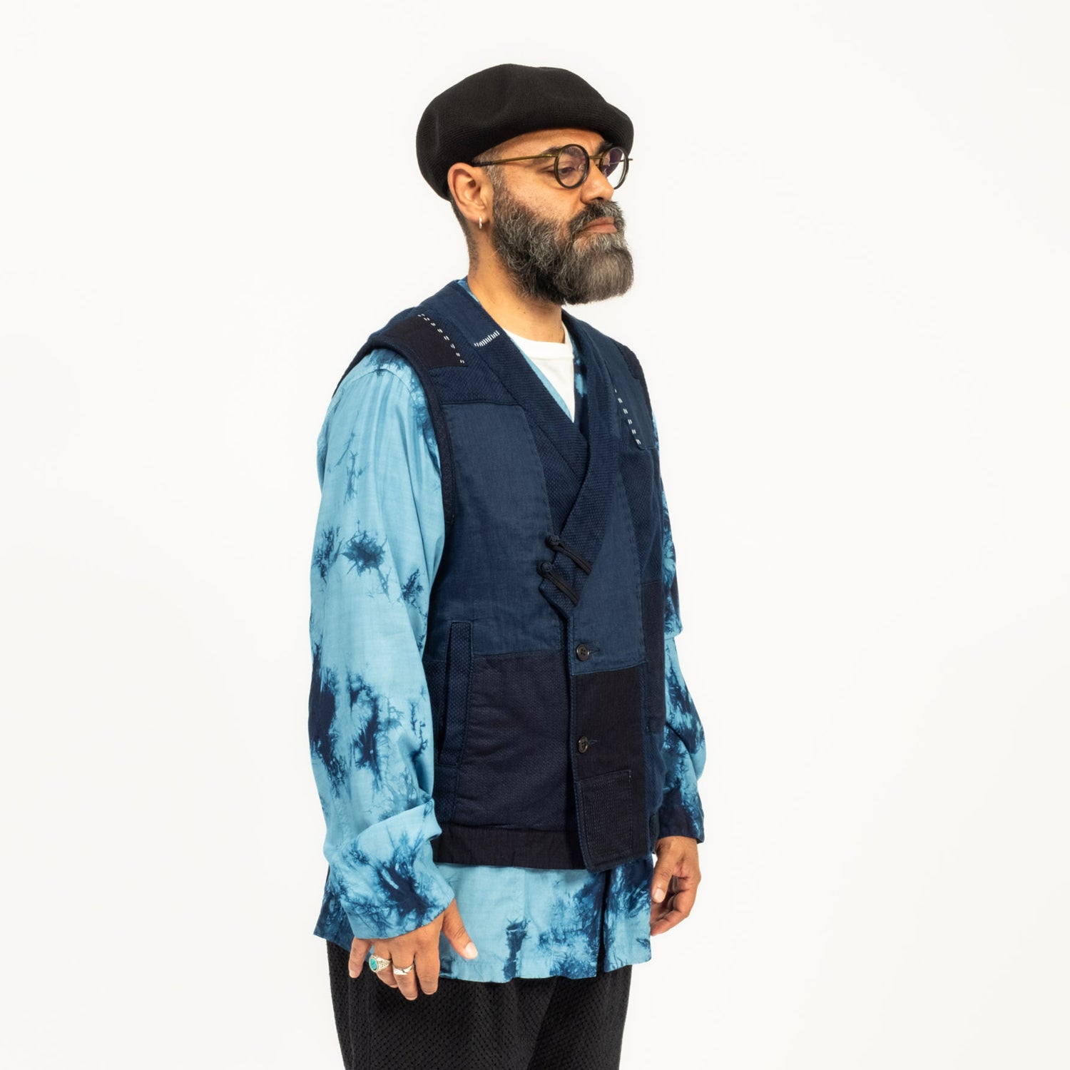 [BLUE BLUE JAPAN] J7211 UNISEX WOVEN KASEZOME SASHIKO NENRIN VEST _ INDIGO