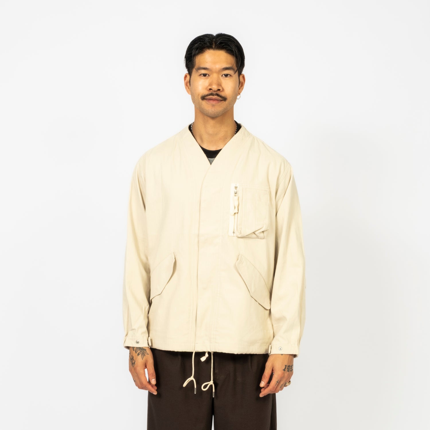 [SNOW PEAK] TAKIBI HERRINGBONE COLLARLESS JK _ ECRU