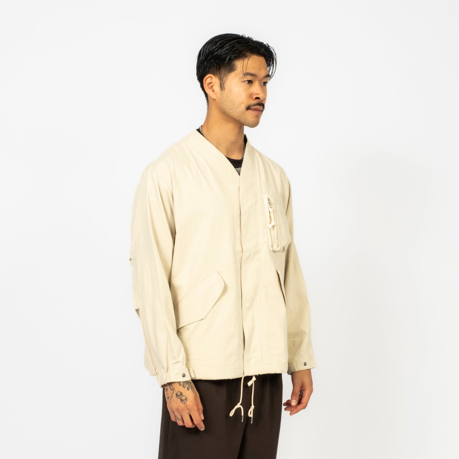 [SNOW PEAK] TAKIBI HERRINGBONE COLLARLESS JK _ ECRU