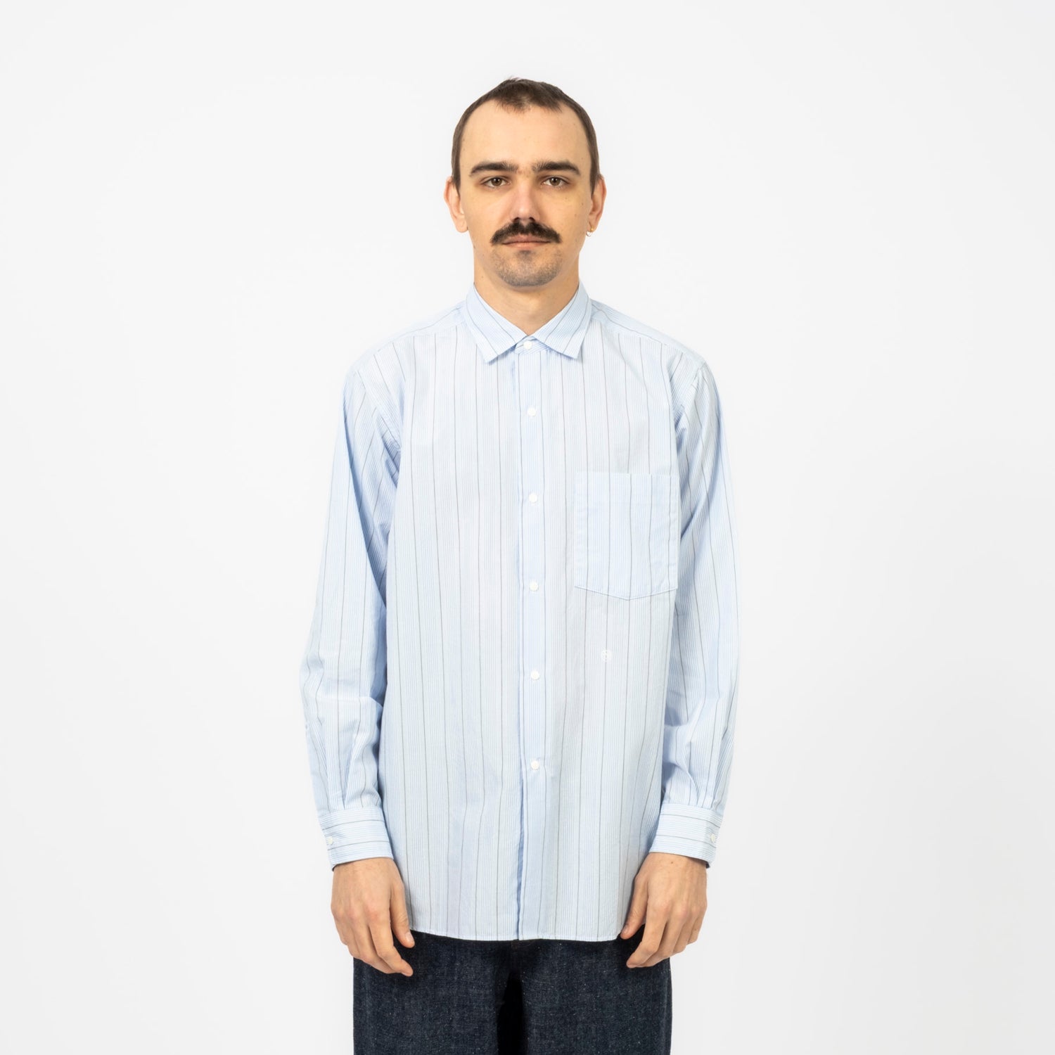 [NANAMICA] REGULAR COLLAR STRIPE WIND SHIRT _ SAX