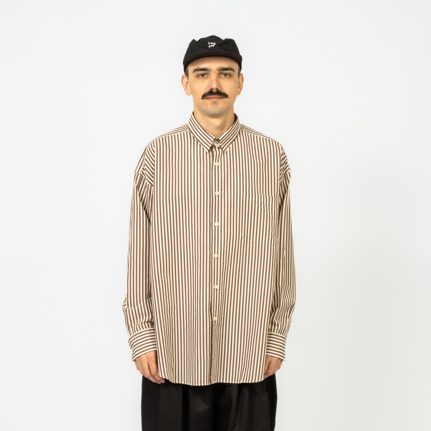 [IS-NESS] TAB COLOUR VENT LONG-SLEEVE SHIRT _ BROWN STRIPE