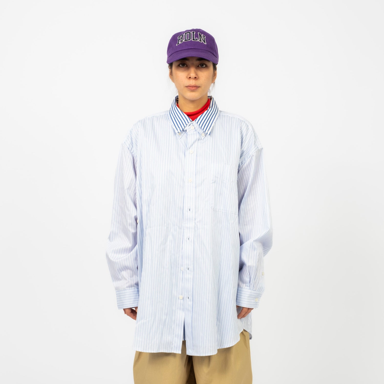 [RHODOLIRION] DOUBLE LAYER BUTTON-DOWN SHIRT DRESS STRIPE _ WHITE