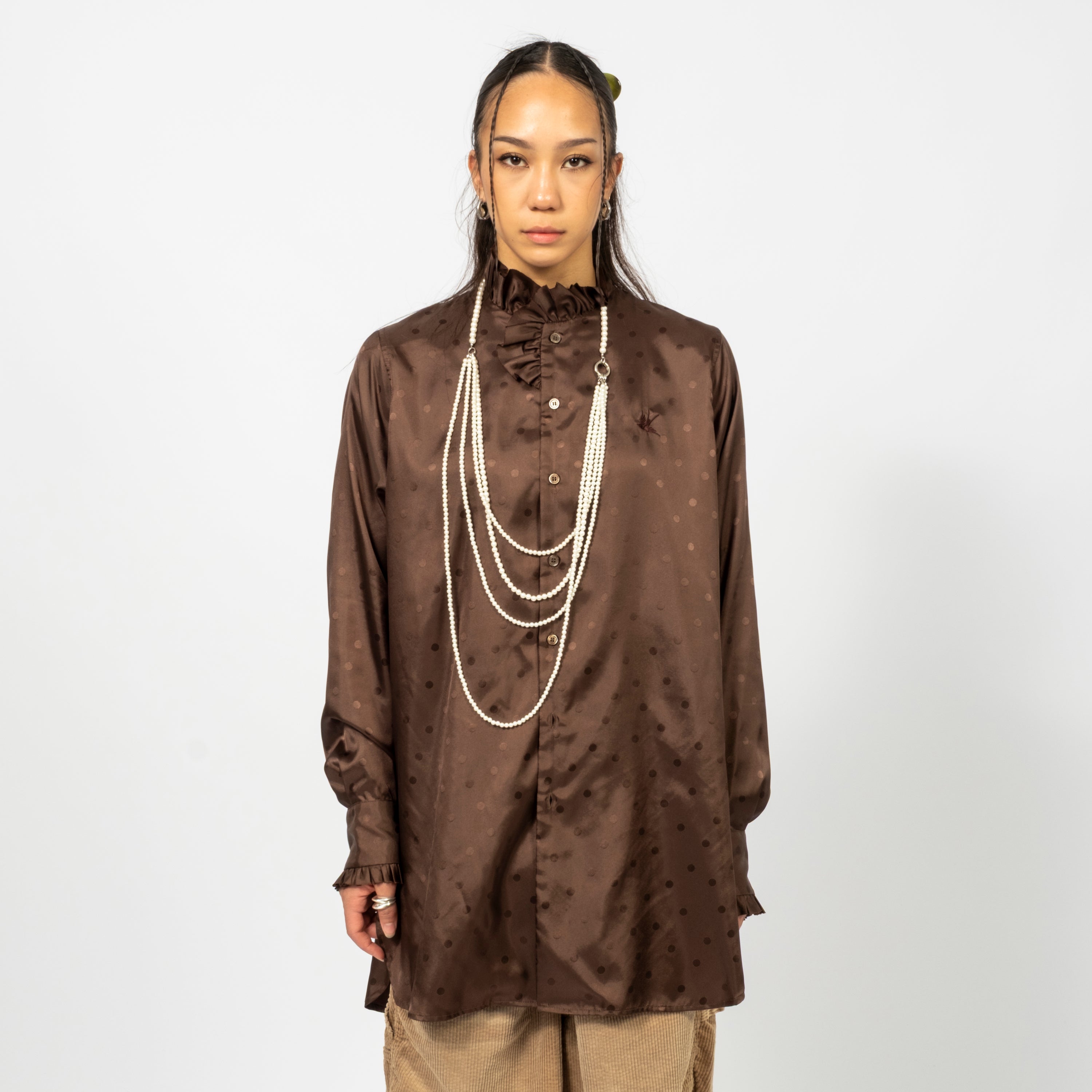 [RHODOLIRION] FRILL STAND COLLAR SHIRT JACQUARD _ BROWN