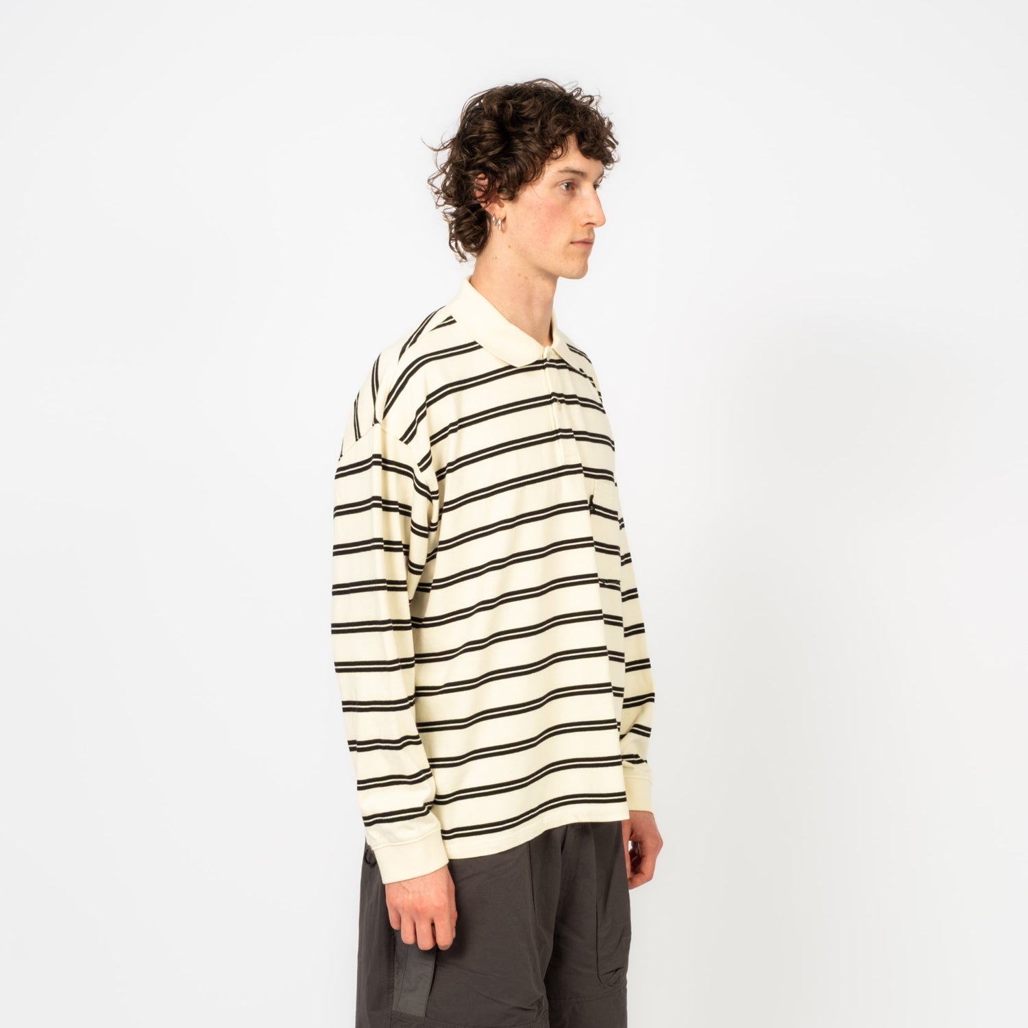 [MOIF] WIDE POLO L/S SHIRT _ ECRU STRIPE