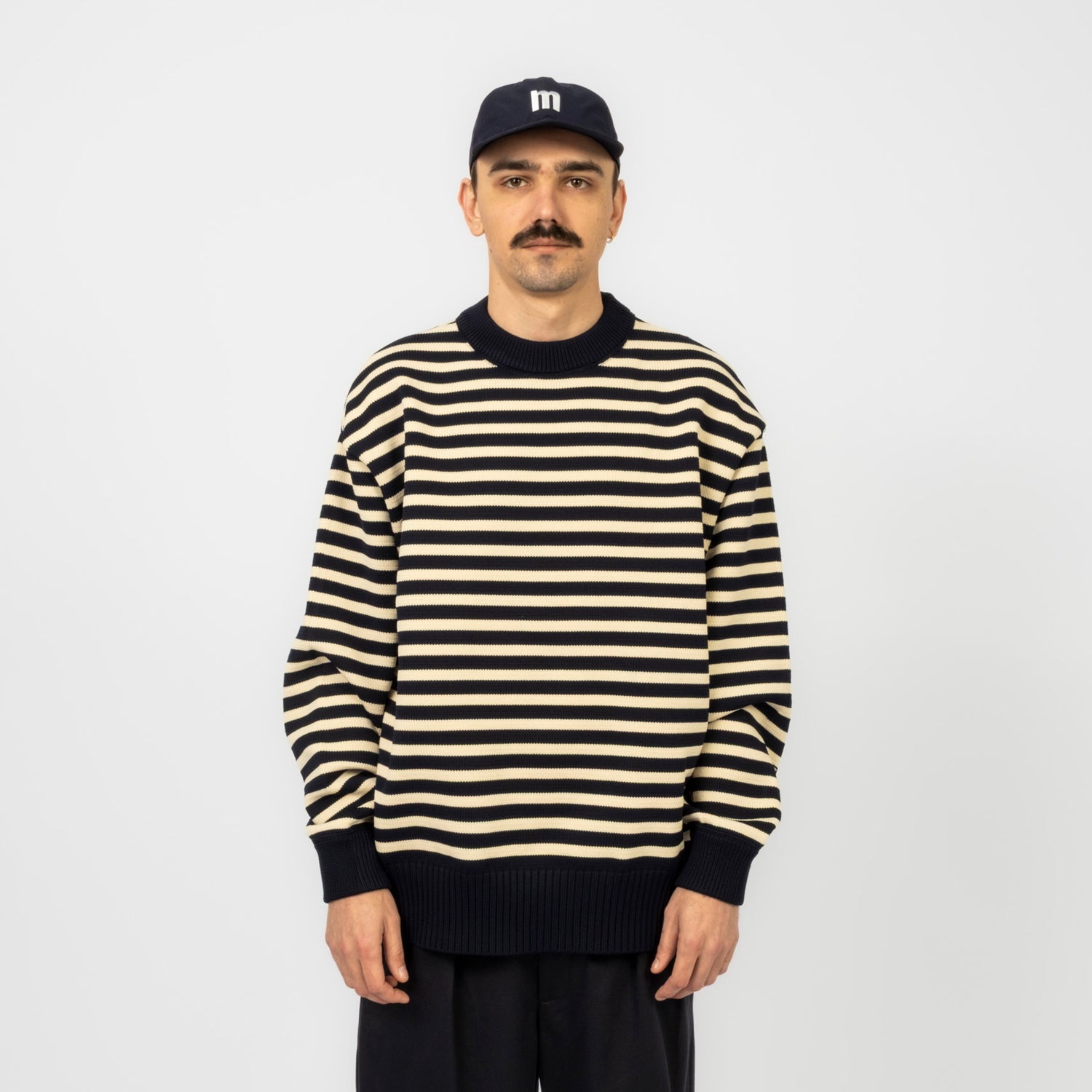 [NANAMICA] MOCK NECK STRIPE SWEATER _ NAVY