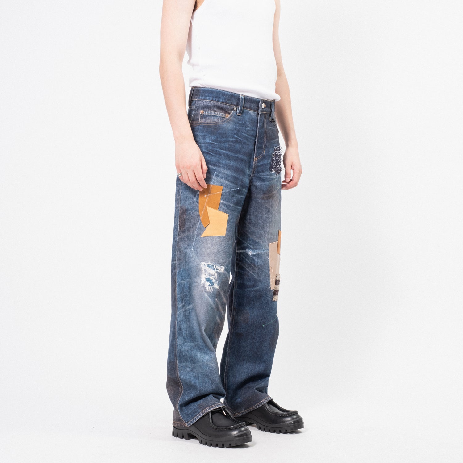 [ANDERSSON BELL] UNISEX PATCHWORK PRINTED DENIM TROMPE L'OEIL JEANS _ BLUE