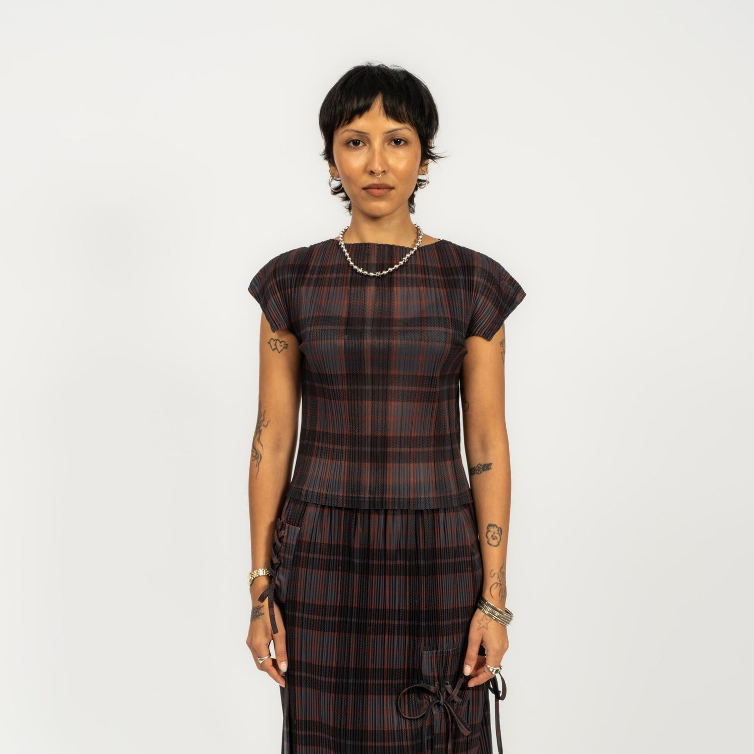 [PAM] BODHI PLEATED TOP _ GREY CHECK