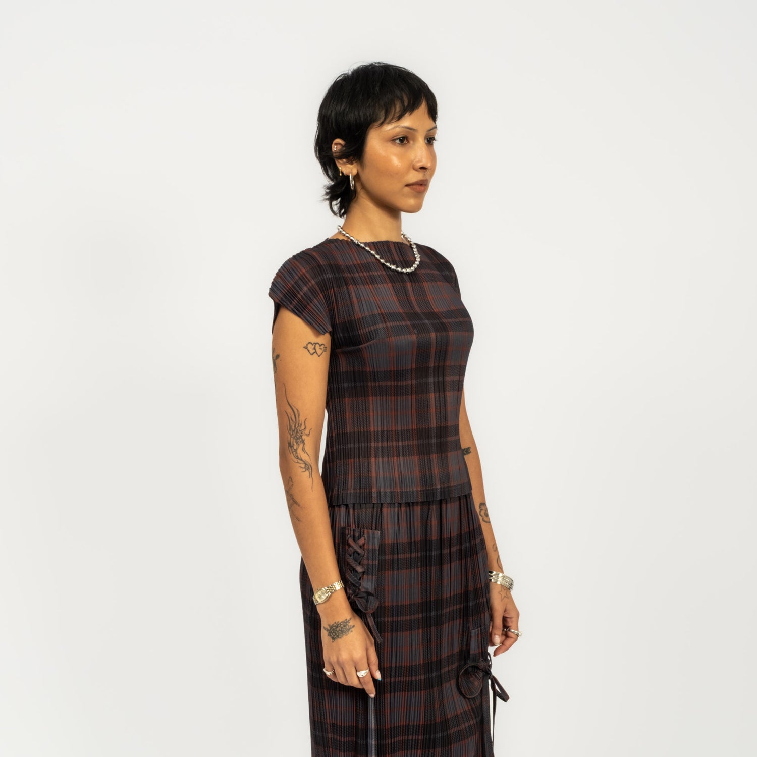 [PAM] BODHI PLEATED TOP _ GREY CHECK