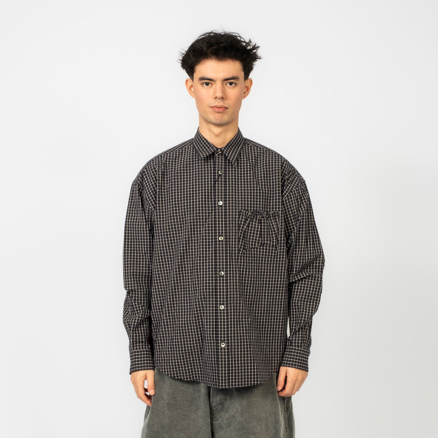 [REFOMED] RESH-027 WRIST PATCH SLOUCH SHIRT "CHECK" _ CHARCOAL