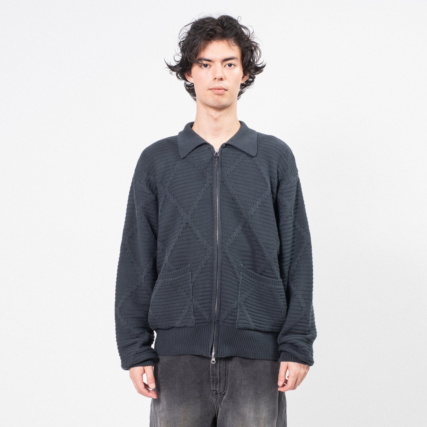 [UNAFFECTED] SHIRT ZIP-UP KNIT CARDIGAN _ D.NAVY