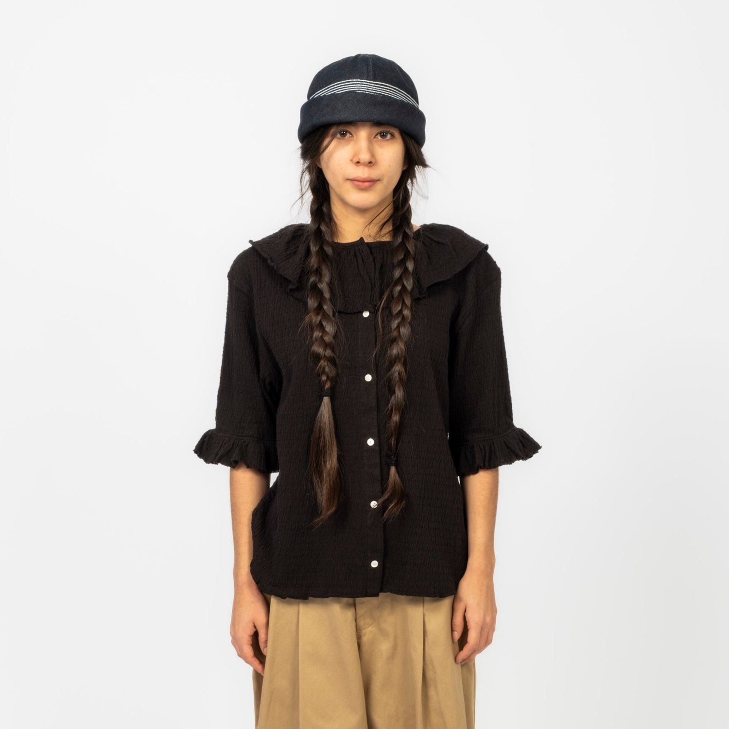 [BEAMS BOY] JACQUARD FRINGE GATHERED SHORT SLEEVE _ BLACK
