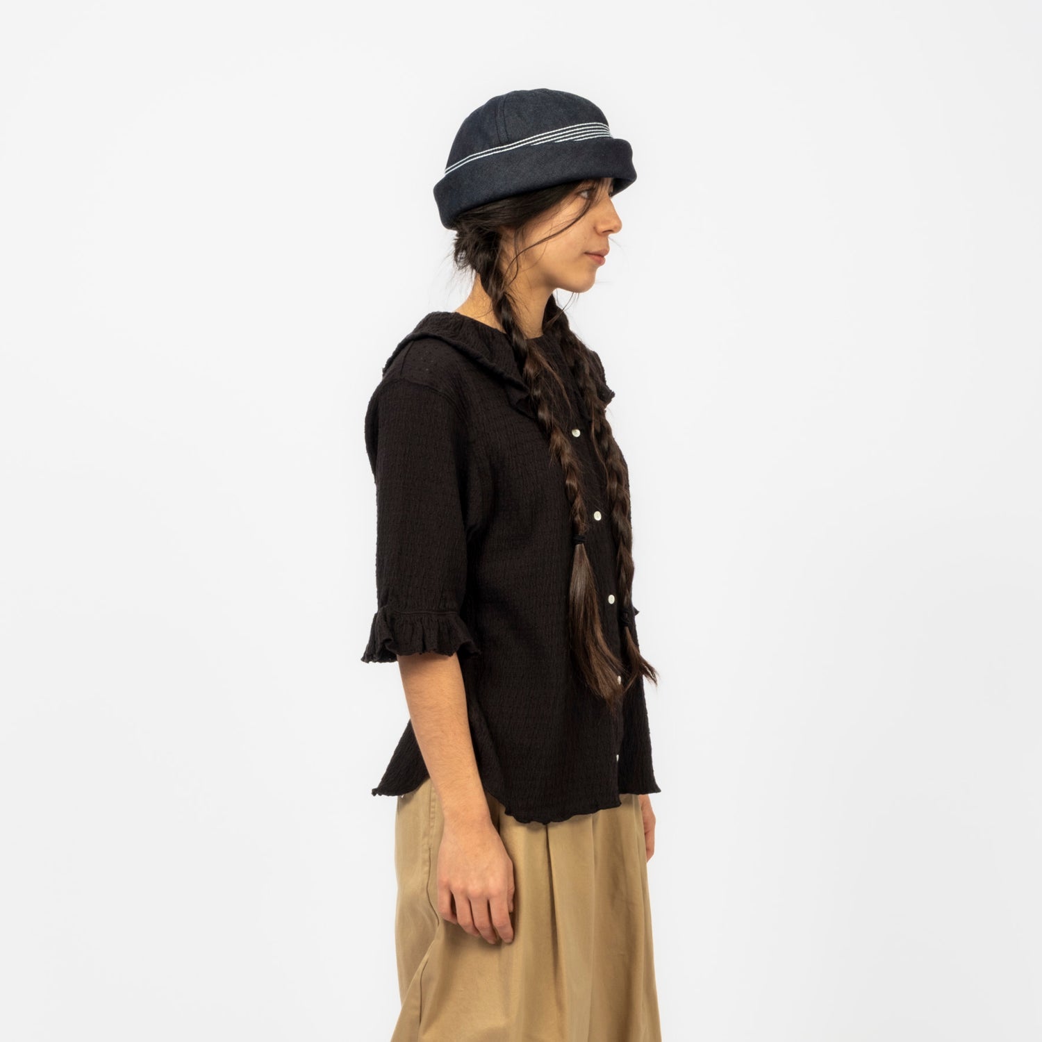[BEAMS BOY] JACQUARD FRINGE GATHERED SHORT SLEEVE _ BLACK