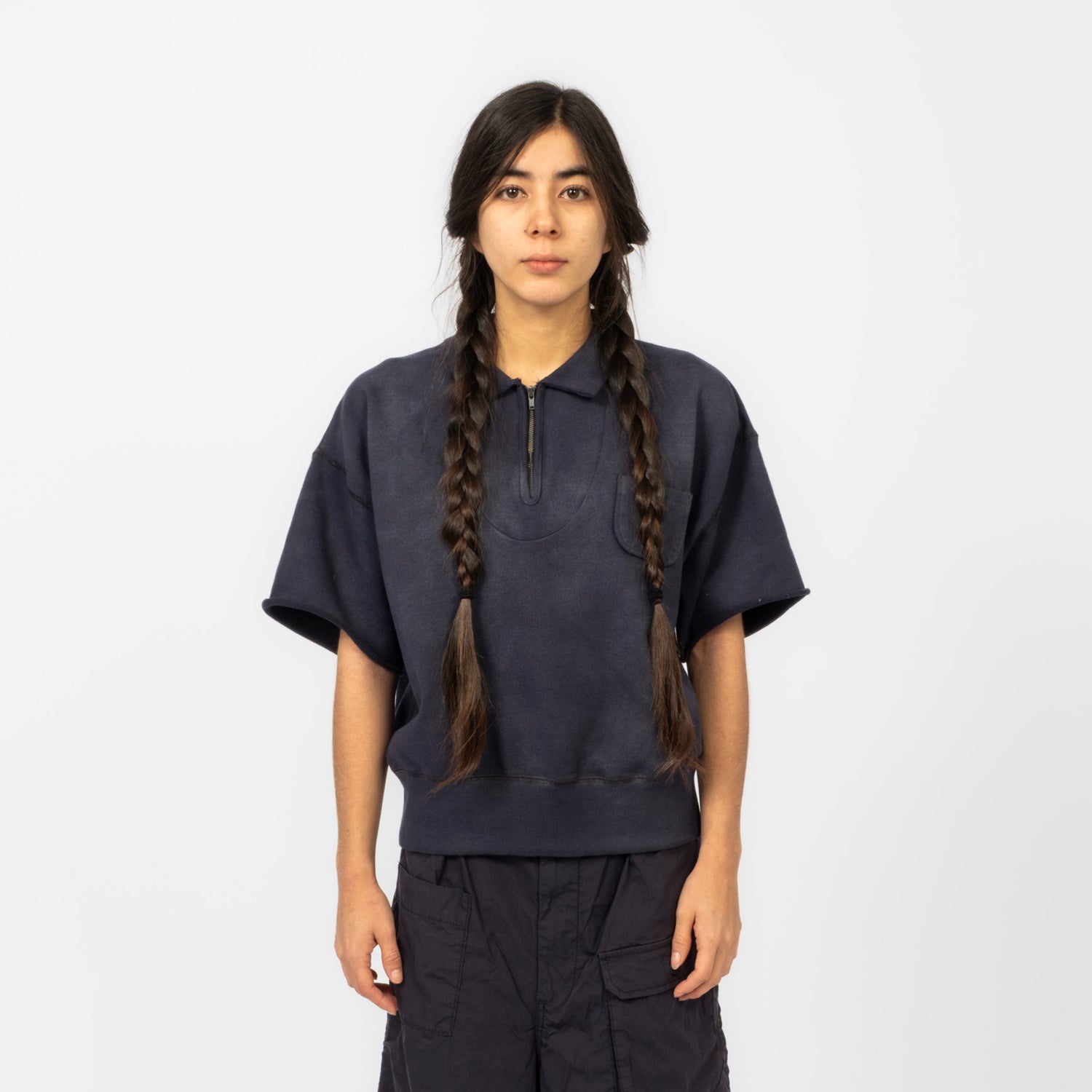 [BEAMS BOY] HALF ZIP SHORT SLEEVE SWEATER _ NAVY