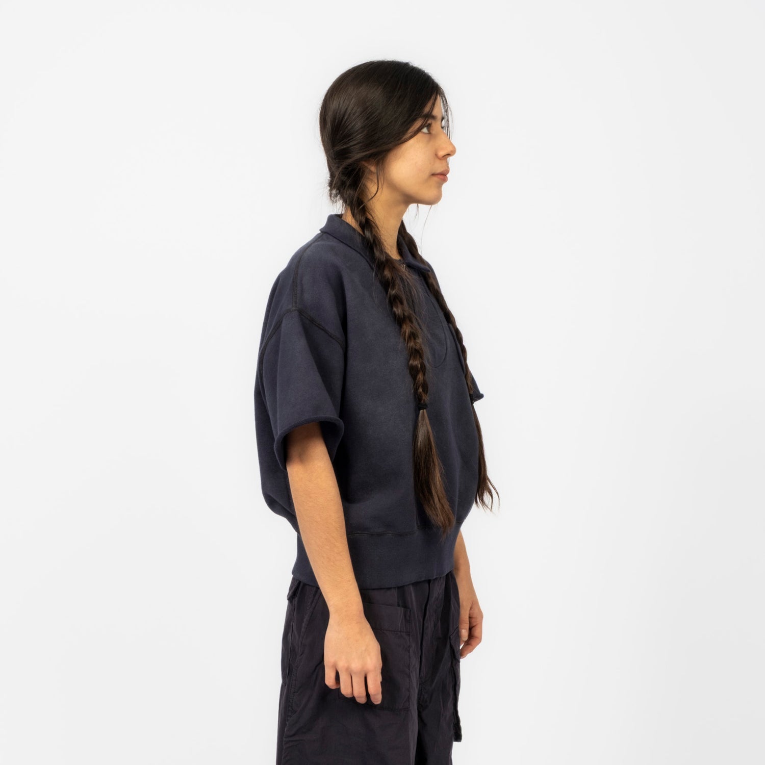 [BEAMS BOY] HALF ZIP SHORT SLEEVE SWEATER _ NAVY