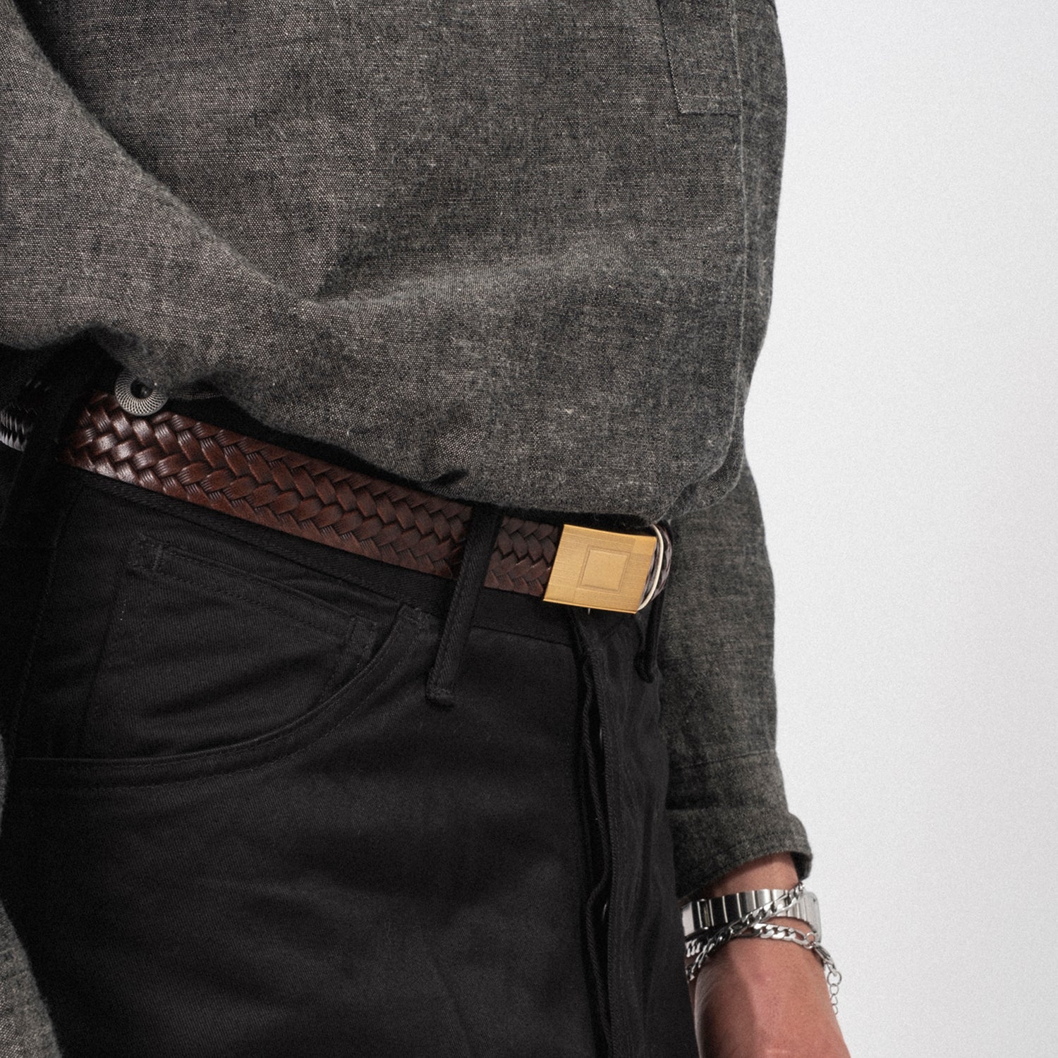 [T.T] LOT.021 BASKETWEAVE PATTERN BELT _ MUD DYED BROWN