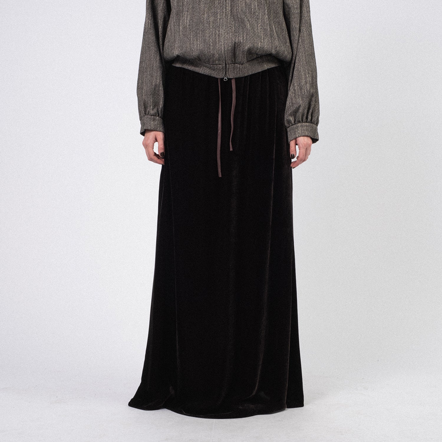 [AMOMENTO] VELVET DRAWSTRING MAXI SKIRT _ DARK BROWN